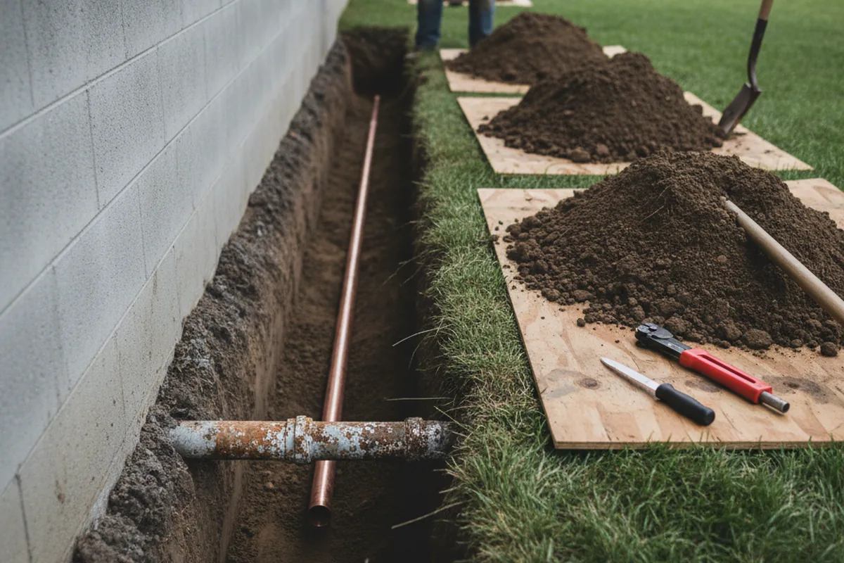 Excavated water line trench during Water Softener Installation in Ireland